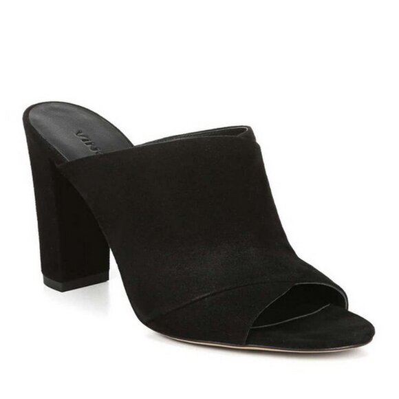NEW Vince Heath Black Suede Block Heel Mules | Cross Strap Slide Sandals - Picture 1 of 12